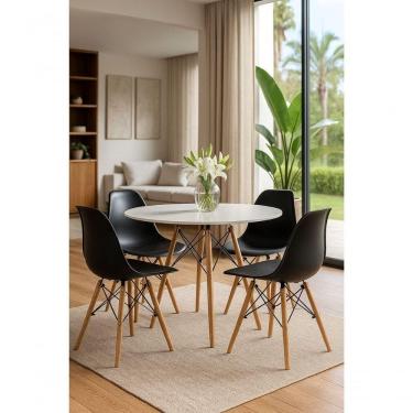 Imagem de Jogo Mesa Sala Cozinha Jantar Redonda Eiffel 80cm Elegante Branca Mdf Com 4 Cadeiras Charles Eames Pretas