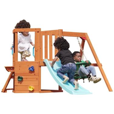Imagem de Playground Dolphin Playground T 5-em-1 para Quintal: Balanço, Mesa, Quadro Negro, Escorregador e Parede de Escalada. Ideal para 18 meses a