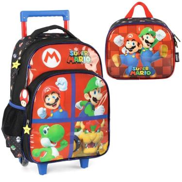 Imagem de Kit Mochila Rodinhas Mario Bros Lancheira Luigi Escolar Preto Infantil Luxcel-Unissex