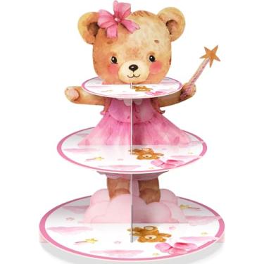 Imagem de Weysat Decoração de suporte de cupcake de urso, 3 níveis, lembrancinhas de urso We Can Bearly Wait, chá de bebê, tema animal da selva, rosa, decoração de cupcake para We Can Bearly Wait