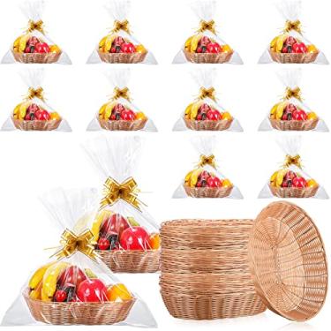 Imagem de Cesta de presente com 52 peças vazia a granel 12,6 x 23,5 x 8,5 cm, cesta de armazenamento oval de alimentos, pão, frutas, ação de graças, com sacos de presente transparentes e fita dourada para