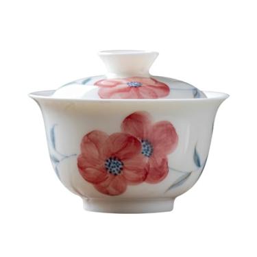 Imagem de Conjunto de chá de Gongfu pintado à mão – Flor de pêssego vibrante em porcelana branca pura, inclui Gaiwan chinês e xícaras de chá, conjunto de presente de cerimônia de chá, conjunto de chá para