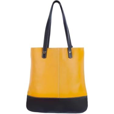Imagem de Bolsa de Couro Legítimo Feminina Flávia – Modelo Saco Compacta e Elegante, Leve, Resistente e Sofisticada – Ideal para Uso Diário, Trabalho, Passeios e Presentes (Mostarda com Preto)