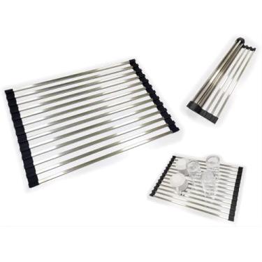 Imagem de Escorredor de Pia Dobrável Portátil em Aço Inox 47x30cm | Compacto, Antiderrapante e Resistente | Ideal para Cozinhas Pequenas e Frutas