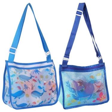 Imagem de Pacote com 2 sacos de malha de concha com zíper, bolsa de concha para brinquedos de areia, bolsa de malha para brinquedos, itens essenciais de praia para crianças, Tubarão azul escuro + baleia azul