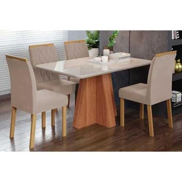 Imagem de Conjunto: Mesa de Cozinha Maitê Tampo Madeirado c/ Vidro 130x80cm e 4 Cadeiras Juliana Cinamomo/Off White - Carvalho/Linho Bege - Cimol