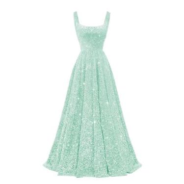 Imagem de Vestido de formatura Miao Duo Spaghetti Strap Sequin A Line Verde Ment