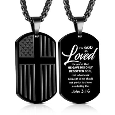 Imagem de Yanxyad Cruz etiqueta de cão bandeira americana versículo bíblia colar de aço inoxidável corrente pingente militar joias religiosas presentes para homens adolescentes 55 + 5 centímetros, Medium, Aço