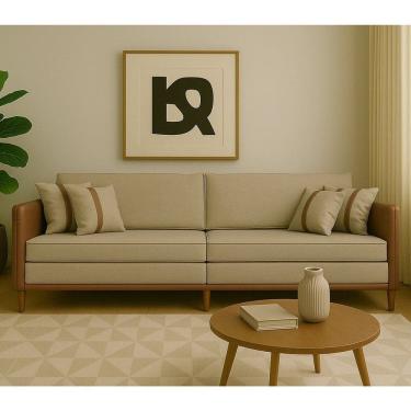 Imagem de Sofá Living 3 Lugares Bipartido com Pés em Madeira Maciça 172cm Manágua Espresso Móveis Linho Bege Médio/Sintético Caramelo