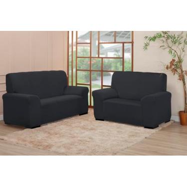 Imagem de Kit Capa de Sofá Coladinha, 2 e 3 Lugares, Malha Poliéster, Protetor para Sala, Ajuste com Elástico (PRETO)