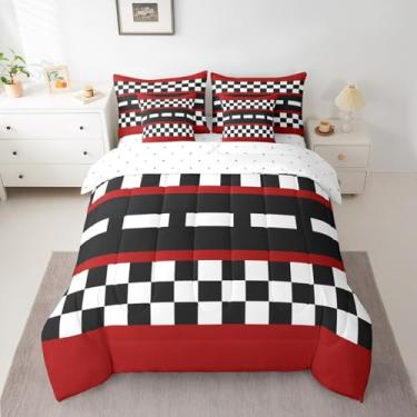 Imagem de Conjunto de edredom de carro de corrida em uma bolsa, 7 peças, reversível, pista de corrida, preto e branco, macio, para esportes radicais (1 edredom, 2 fronhas, 2 fronhas, 1 lençol de cima, 1 lençol