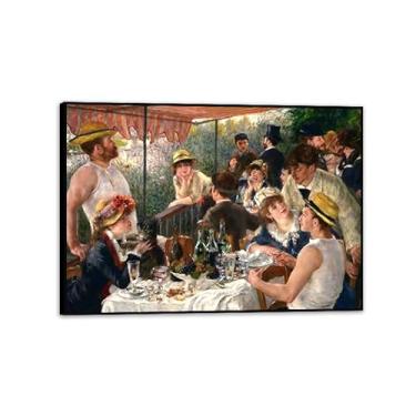 Imagem de SDYJ6GSW Vintage Pierre Auguste Renoir Obras de Arte Almoço do Barco Festa Arte Poster Pintura em Tela Impressões de Parede Sala Decoração de Casa 100 x 70 cm Moldura Pronta para Pendurar