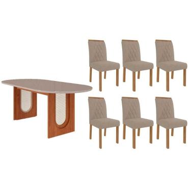 Imagem de Sala de Jantar Completa Valentina Tampo Madeirado Oval c/ Vidro 210x100cm e 6 Cadeiras Juliana Cinamomo/Off White - Carvalho/Linho Bege - Cimol