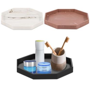Imagem de XYDHQS 3 bandejas de silicone para banheiro, bandejas de banheiro redondas ou octogonais com fundo antiderrapante, bandejas decorativas de perfume para velas e sabonete, acessórios de joias (octógono)