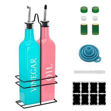 Imagem de Conjunto de dispensador de óleo e vinagre Farmhouse, 500 ml, lindo dispensador de azeite, inclui uma prateleira de aço preto e um funil, galheteiros vintage para vinagre e óleo (óleo rosa e vinagre