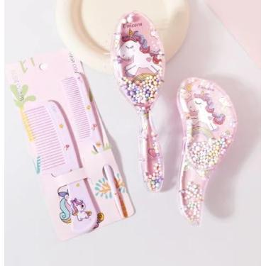 Imagem de Kit 4 Peças: 2 Escovas de Cabelo Infantil Mágica Desembaraçadora + 2 Pentes - Modelo Unicórnio