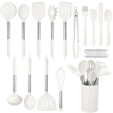 Imagem de HaWare Conjunto de utensílios de cozinha de silicone com 29 peças, resistente ao calor, com alça de aço inoxidável, conjuntos de espátulas com suporte e ganchos, utensílios de cozinha para panelas