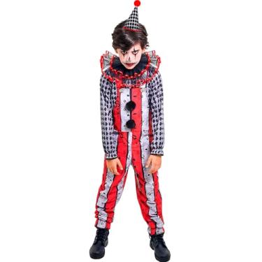 Imagem de Fantasia Halloween Infantil pra Menino Palhaço Assassino de Luxo com Chapeu Pierrot Palhacinho Circo de Terror (Vermelho e Cinza, P 2-3)