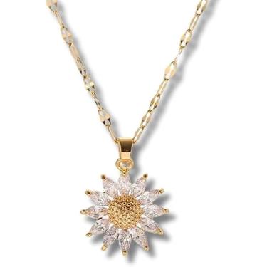 Imagem de Colar Girassol Banhado a Ouro 18k em Aço Titânio - Pingente de Luxo com Zircão Para Mulheres