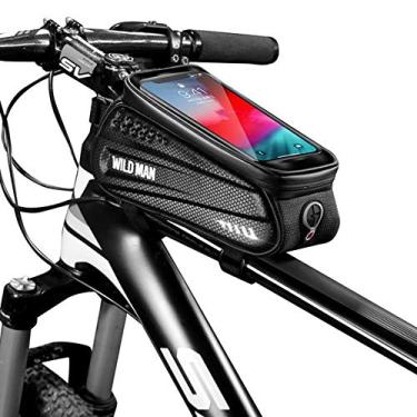 Imagem de WILD MAN Bolsa de bicicleta à prova de chuva com moldura frontal para bicicleta com tela sensível ao toque para bicicleta de montanha (preta, ES3)