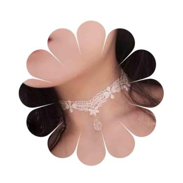 Imagem de Aneneiceera Gargantilha de renda de flor boho, colar com pingente de cristal de lágrima branca, gargantilha gótica, colar de gota, retrô, vintage, corrente de joias, presentes para mulheres e meninas (branco A)