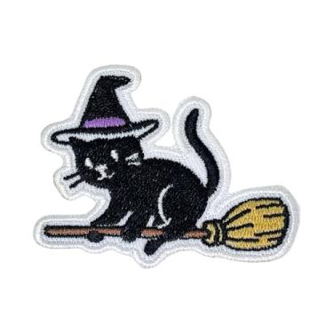 Imagem de Octory Aplique bordado de gato bruxo na vassoura, aplique para jeans, chapéus, bolsas