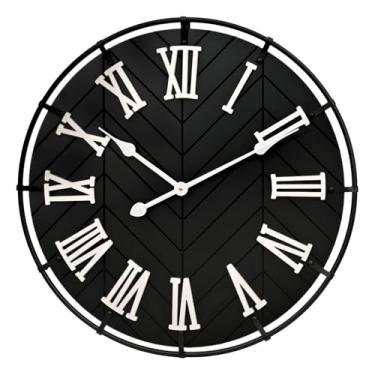 Imagem de EMAX Relógio de parede grande de madeira – Relógio de parede extragrande com algarismos romanos 3D e emenda de espinha de peixe, relógio de parede de madeira moderno preto para sala de estar