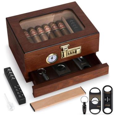 Imagem de Umidor de Charutos de Cedro com Tampo de Vidro, Gaveta de Acessórios e Trava de Combinação - Presente de Luxo para Homens Amantes de