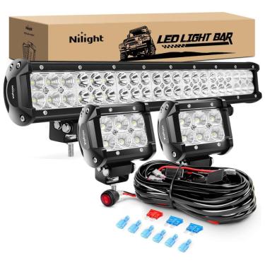 Imagem de Kit Barra LED e Farol de Milha LED Off Road com Cabos e Suporte, 126W 12V 24V, Nilight ZH001, Preto