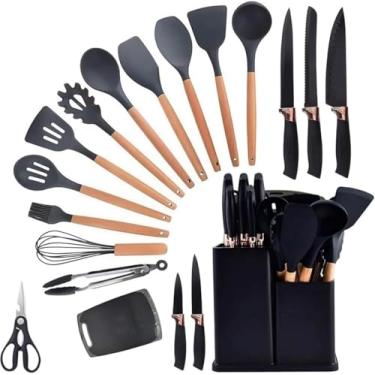 Imagem de Kit Utensílios de Cozinha Completo 19 Peças Luxo Profissional com Tábua em Silicone – Resistentes, Fáceis de Limpar | Solução Completa para Cozinhar sem Bagunça e sem Danos nas Panelas!
