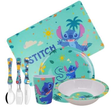 Imagem de Kit Refeição Infantil Melamina Stitch Disney 7 Peças Incluso Talheres Inox - Tuut