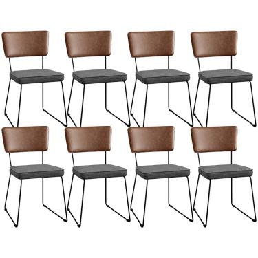 Imagem de Kit 08 Cadeiras Decorativas Sala Jantar Allana L02 Couríssimo Marrom Linho Cinza Escuro - Lyam Decor
