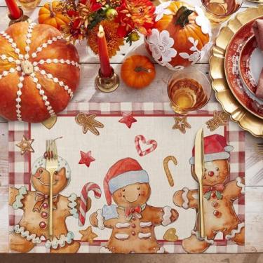 Imagem de Jogo americano americano de cúrcuma de Natal, pão de gengibre, para mesa de jantar, chapéu vintage vermelho, tapete de mesa emoldurado, inverno, férias, casa, festa, cozinha, decoração de mesa