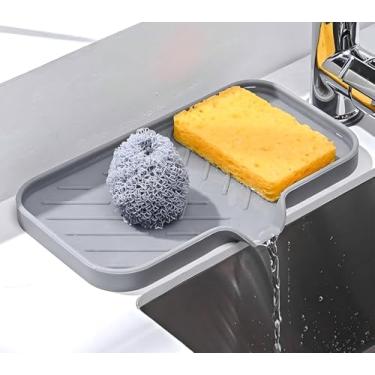 Imagem de Saboneteira de silicone, suporte de sabão de silicone de 9,6" × 5,7 cm para banheiro e cozinha, bandeja de esponja de pia para garrafa, copo (cinza)