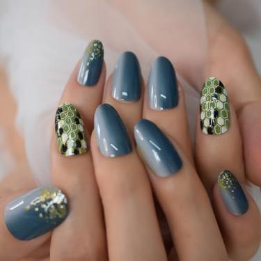 Imagem de French Tips Kits de unhas postiças acrílicas unhas de pressão média pele de cobra unhas Deisgn brilhantes oval vara em unhas para mulheres 24 peças/conjunto