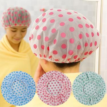 Imagem de 3 toucas de banho de EVA – Touca de chuveiro para proteção de água, acessórios reutilizáveis de banho e spa (rosa/azul/verde bolinhas)