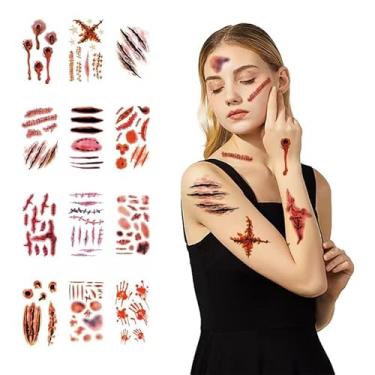 Imagem de Pacote com 12 adesivos de tatuagem de cicatriz de Halloween, seleção aleatória de 12 designs de fantasias assustadoras de abóbora