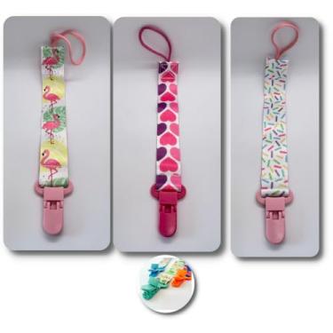 Imagem de Prendedor de Chupeta com Clip para Bebês, Kit 3 Unidades, Tecido e Plástico, Design Colorido com Estampas Divertidas, Seguro e Higiênico, 0-5 Anos (Menina)