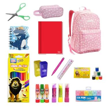 Imagem de Kit Material Escolar Mochila Estojo Estampado Infantil Juvenil Fundamental Rosa Fofo Menina Feminino