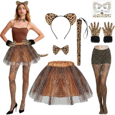 Imagem de Fantasia de leopardo para adultos, saia com estampa de leopardo, faixa de cabeça, luvas de cauda, gravata borboleta, fantasia de animal, Halloween, carnaval, cosplay, dramatização