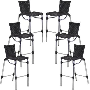 Imagem de Kit 6 Banquetas Alumínio Fortaleza Alta Para Balcão Cozinha Bar Trama Original Preto