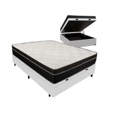 Imagem de Cama Box Baú Viúva 128 Tecido Sintético Branco Com Colchão Paris De Molas Ensacadas Preto 26x128x188