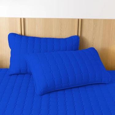 Imagem de Kit 2 Capas de Travesseiro Impermeáveis + 1 Protetor de Colchão com Elástico Matelado Ultrassônico para Cama Casal Queen King(AZUL)
