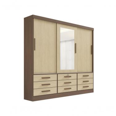 Imagem de Guarda Roupa Casal Meridian Com Espelho 3 Portas 9 Gavetas Sem Pés - D' Doro Castanho/linho
