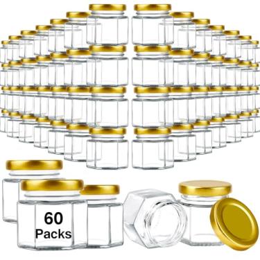 Imagem de Bgtecho Pacote com 60 mini potes de mel de vidro, pote de especiarias pequeno de 59 g, frascos de vidro hexagonais com tampas douradas, recipientes pequenos com tampas herméticas, pote de conservas