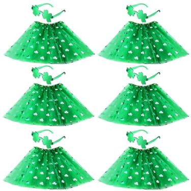 Imagem de Mepase Conjunto de 6 saias tutu de dia de São Patrício com óculos de sol em forma de quatro folhas para mulheres, conjunto de tutus de tule de 3 camadas para o dia de São Patrício, fantasia verde de