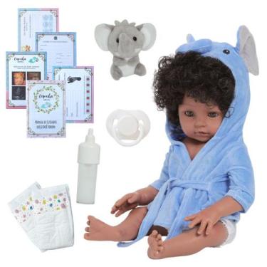 Imagem de Boneco Reborn 100% Silicone Negro Com Pelúcia 46cm + Itens - Cegonha R