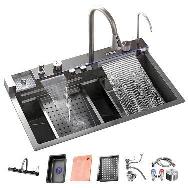 Imagem de Pia De Cozinha Inteligente Com Display De Temperatura Pia De Estação De Trabalho De Aço Inoxidável Com Lavadora De Copos Tigela única Nano-revestida Com Cascatas Duplas, Black-gray, 68cm
