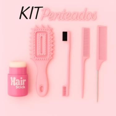 Imagem de Kit Penteados Profissional com Hair Stick, Pentes e Escovas de Finalização em Rosa, Conjunto 6 Peças para Cabelo