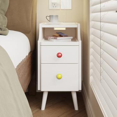 Imagem de Mesa de cabeceira com 2 gavetas, prateleira deslizante, armário de carregamento inteligente, luz com sensor automático - madeira maciça para quarto (branco 25 x 40 x 50 cm 25,4 x 16 x 20 polegadas)